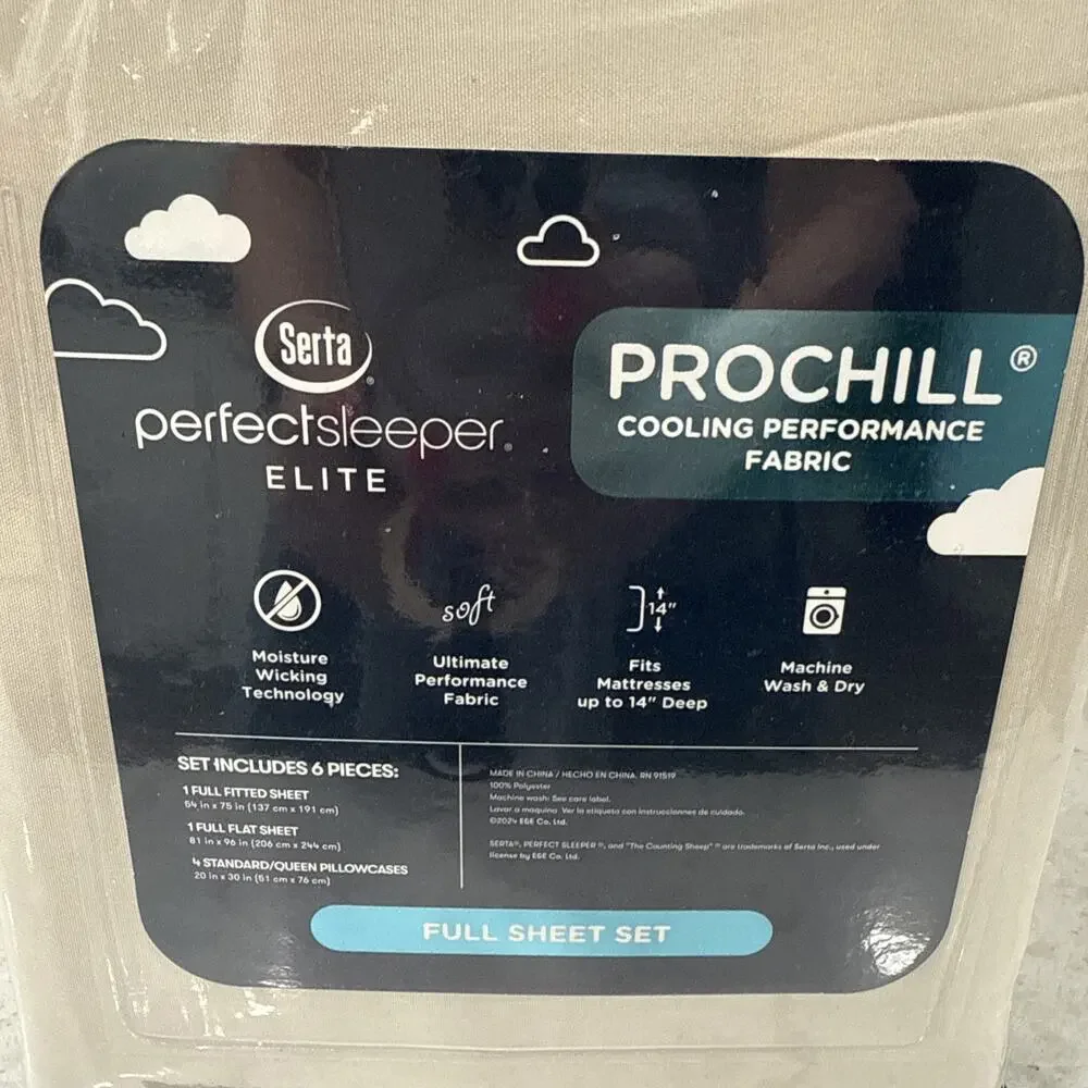 6 Pc FULL Serta Perfect Sleeper Elite Prochill Cooling Fabric Sheet Set TAN